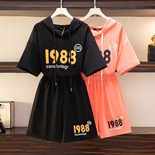 Set: Short Sleeve Numeral Print Hoodie + Sport Shorts