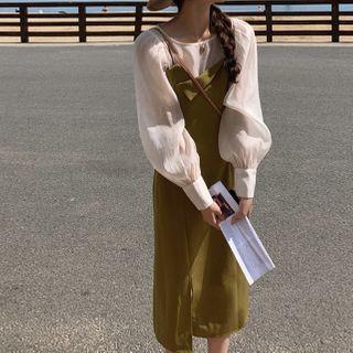 Plain Long-sleeve Blouse / Spaghetti Strap Slit Midi A-line Dress