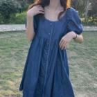Puff-sleeve Plain Mini A-line Dress Blue - One Size