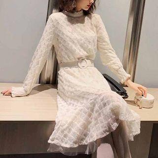 Long-sleeve Frill Trim Lace Panel Dress