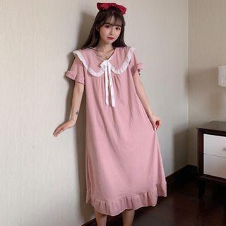 Collared Short-sleeve Midi Sleep Dress