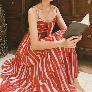 Striped Strappy A-line Midi Chiffon Dress