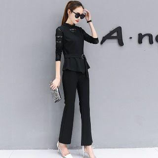Set: Long-sleeve Lace Top + Sleeveless Top + Boot-cut Pants