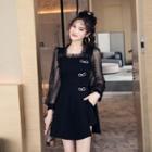Set: Bow Detail Glitter Long-sleeve Mini A-line Dress + Shorts