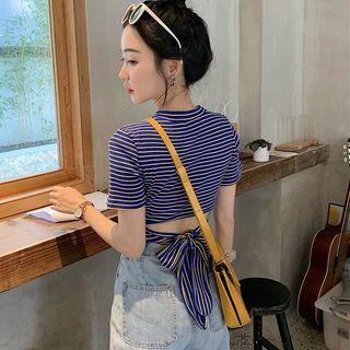 Short Sleeve Tied-back Striped Cropped Top