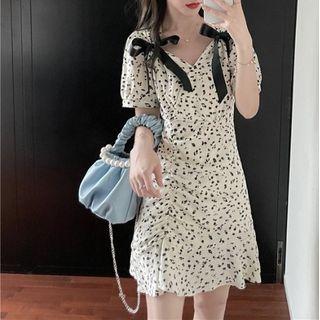 Short-sleeve Floral Bow Mini A-line Dress