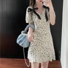 Short-sleeve Floral Bow Mini A-line Dress