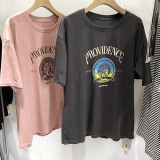 Round-neck Short-sleeve Pattern Print Top