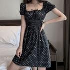 Bow Detail Dotted Short-sleeve Mini A-line Dress