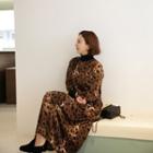 Turtleneck Long Leopard Dress Brown - One Size