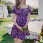 Puff Short-sleeve Floral Print Mini A-line Dress