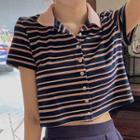 Striped Short-sleeve T-shirt / Tiered Midi Skirt