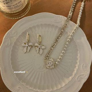 Rhinestone Bow Hoop Earring / Flower Necklace