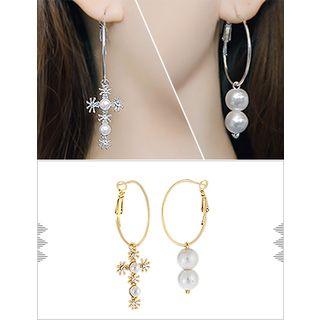 Faux-pearl Rhinestone Hoop Dangle Earrings