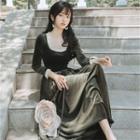Square-neck Velvet Long-sleeve Midi A-line Dress