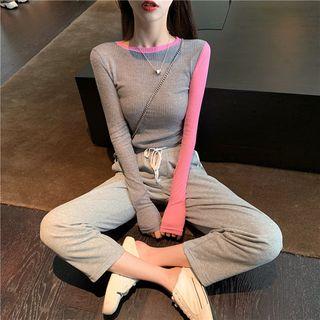 Long-sleeve Color Block Crop Top / Wide Leg Pants