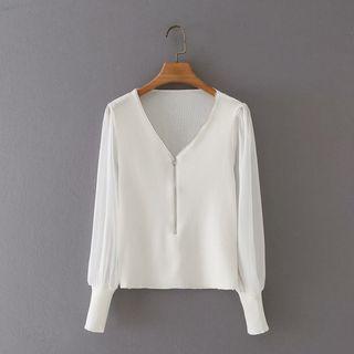 V-neck Half-zip Chiffon Panel Knit Top