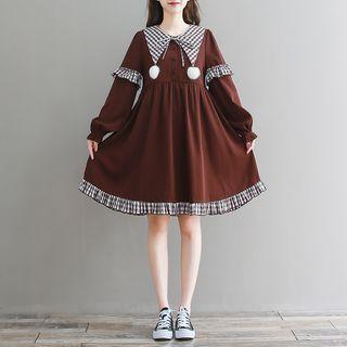 Plaid Panel Collared Long-sleeve Dress