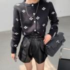 Floral Knit Cardigan / Faux Leather High-waist Shorts