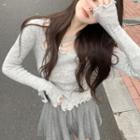 Plain Ruffled Knit Top / Pleated Knit Skirt