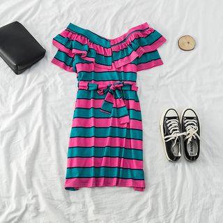 Striped Off-shoulder Ruffled A-line Dress As Shown In Figure - One Size