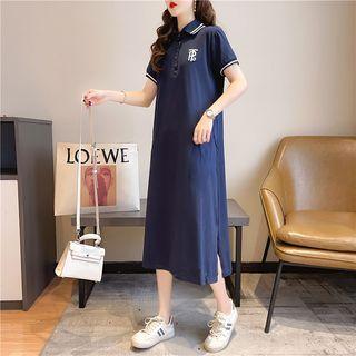 Short-sleeve Letter Embroidered Midi A-line Polo Dress