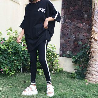 Set: 3/4 Sleeve Striped Detail Lettering T-shirt Dress + Striped Detail Skinny Pants