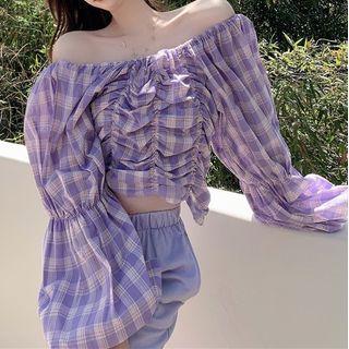 Gingham Off-shoulder Blouse / Harem Pants