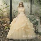Embroidered Lace Panel Strapless Wedding Ball Gown