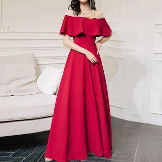 Off Shoulder Short-sleeve A-line Evening Gown