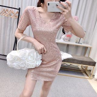 Short-sleeve V-neck Mini Slit Sheath Dress