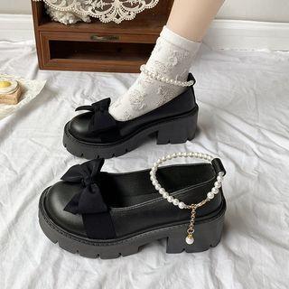 Platform Block Heel Faux Pearl Bow Pumps