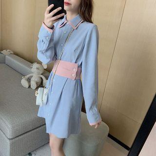 Long-sleeve Contrast Trim Mini Shirtdress