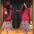 Flower Print Pullover / Floral Print Crinkle A-line Midi Skirt