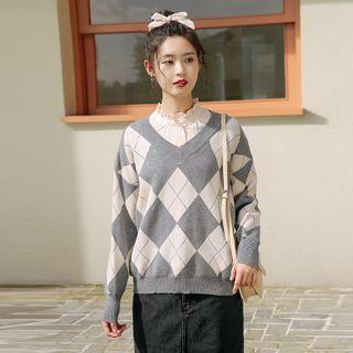 V Neck Geometric Long-sleeve Sweater