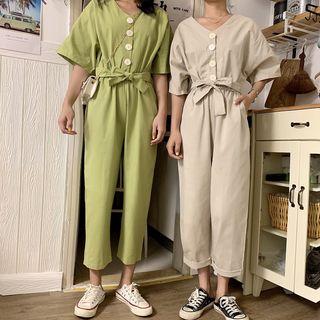 V-neck Elbow-sleeve Cropped Jumpsuit