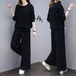 Set: Plain Pullover + Drawstring Wide-leg Pants