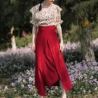 Set: Heart Print Short-sleeve Blouse + Tie Waist Midi A-line Skirt