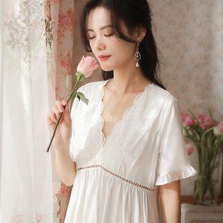 V-neck Lace Trim Midi A-line Sleep Dress (various Designs)