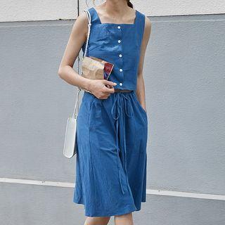 Set: Buttoned Sleeveless Blouse + Midi A-line Skirt