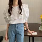 Puff-sleeve Collared Lace Panel Blouse White - One Size