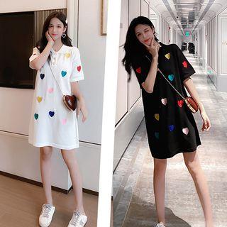 Heart Embroidered Short-sleeve Knit Polo Dress