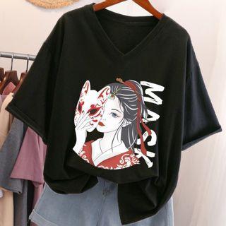 Elbow-sleeve V-neck Graphic Print T-shirt