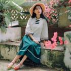 Set: Floral Embroidered 3/4-sleeve Mandarin Collar Top + A-line Midi Skirt