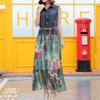 Sleeveless Denim Panel Chiffon Dress With Belt