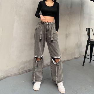 Washed Zip-accent Wide Leg Jeans