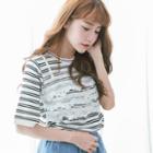 Elbow-sleeve Striped Lace Panel Top