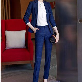 Check Blazer / Ruffle Blouse / Dress Pants / Pencil Skirt / Set
