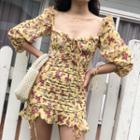 3/4-sleeve Ruffled Floral Drawstring Mini Chiffon Dress