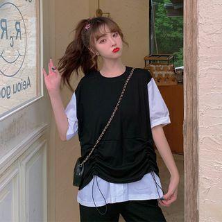 Fake Two Piece Lace Up Short-sleeved Top